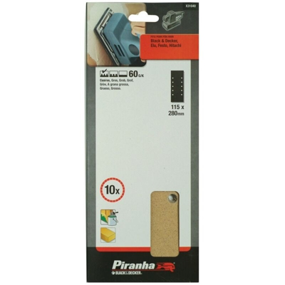 PIRANHA BLACK&DECKER 10 FOGLI ABRASIVI FORATI PER LEVIGATRICI 115X280mm GRANA 60 10 FORI X31040