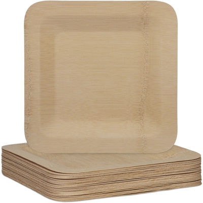 Piatti in Bambù, Set da 25 Stoviglie Usa e Getta, 23 x 23 cm, Quadrati, Monouso, Compostabili, naturale
