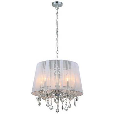 Sospensione A Sospensione Cromata, 5 Luci Bianche Con Paralume In Tessuto Bianco, E14