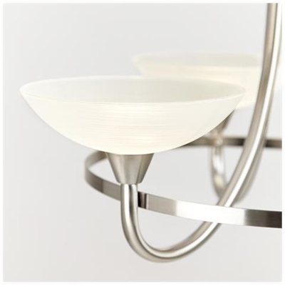 Plafoniera Multibraccio Semi-filo 5 Luci Cromo Satinato, Vetro Verniciato Bianco Con Motivo A Linee Deboli, G9