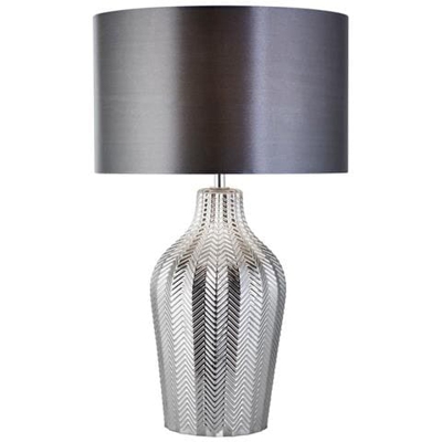 Lampada Da Tavolo A 1 Luce Con Paralume A Tamburo Grigio E Base In Vetro Rigato Fumé