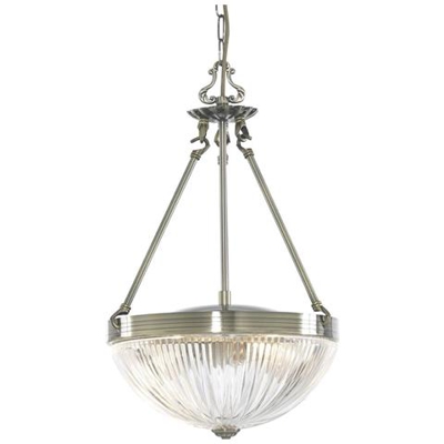 Sospensione A Soffitto A 2 Luci In Ottone Antico, Vetro Rigato, E27