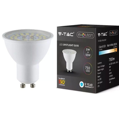 V-TAC PRO VT-2335 Lampadina spot led SMD 5W GU10 super efficienza 150LM/W bianco caldo 3000K - SKU 2837