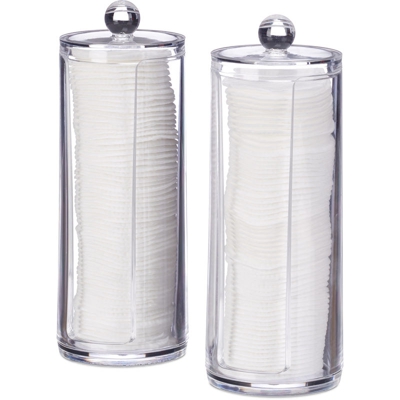 Dispenser per Dischetti di Cotone, Set da 2, Cilindro con Coperchio, per 50 Pads, HxD: 19x6,5 cm, Trasparente