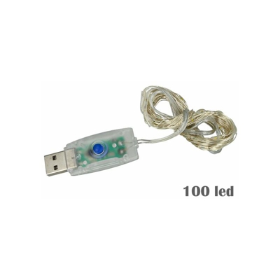 Ledlux - Stringa Led Con USB 5V Filo Rame Con 100 Luci Bianco Caldo Giallo 10 Metri IP67 Decorazione Natale