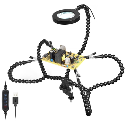 Morsetto da tavolo Supporto per saldatura PCB 3X Lente d'ingrandimento 3 colori Lampada illuminata Saldatura Aiuto manuale Braccio flessibile