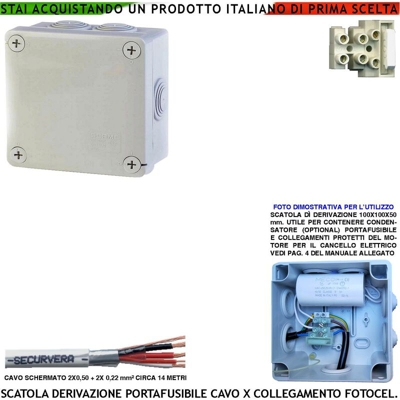 Securvera - Scatola Derivazione Kit per Collegamenti tra Centrale e Motore 220 V con Fusibile per Cancello Elettrico Cavo Schermato fotocellule