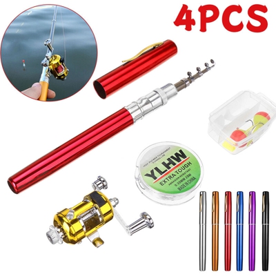 4PCS 20cm Mini portatile telescopico tascabile penna pesce in lega di alluminio canna da pesca + mulinello + linea + accessori gancio (rosso, con