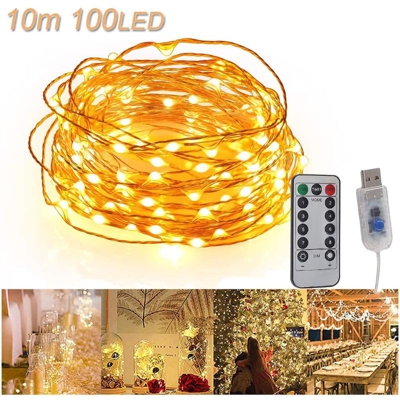 USB Luci Led Natale 10M 100 LEDs Telecomando Filo di rame Catene Luminose IP65 Impermeabile Luci Natalizie da Esterno per Camera, Decorazioni
