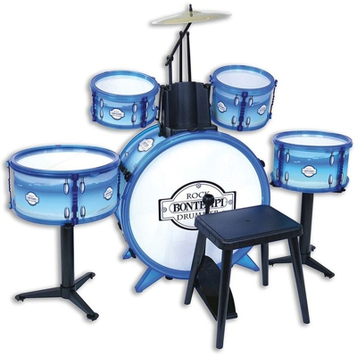 Batteria Musicale Giocattolo Bambini 4 Tamburi + Grancassa Piatto Sgabello Blu