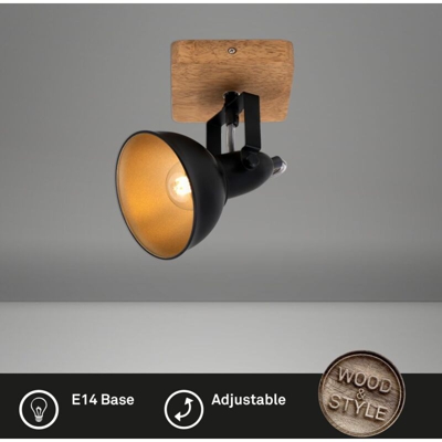 Briloner - Lampada Spot Industrial modello Barnim in Metallo Nero Oro e Legno Dimensioni 11x11 cm 1 Luce E14