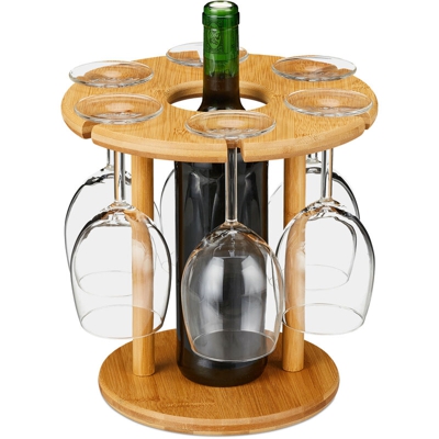 Porta Calici, in Bambù, per 6 Bicchieri da Vino, Rotondo Ø 25cm, Regalo, Bar, Portabottiglie