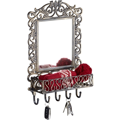 Appendiabiti Da Parete Con Specchio, Ghisa, 5 Ganci, Stile Rustico Antico, HLP: 52 x 34 x 12,5 cm, Bronzo