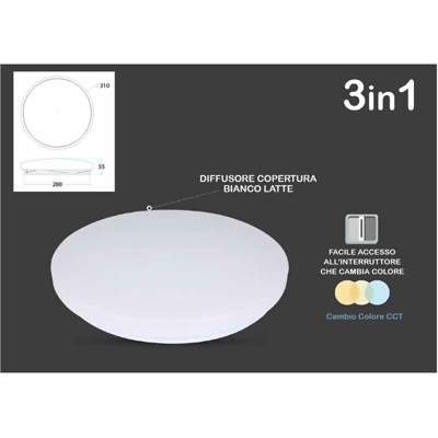 LEDLUX LP7605CCT Plafoniera A Led Da Soffitto CCT Rotondo 18W D310mm Cambia Colore 3 in 1 3000K 4000K 6400K SKU-7605