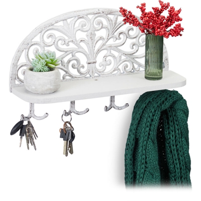 Appendiabiti da Parete con Mensola, Design Antico, 4 Ganci Doppi, Portaoggetti, Ghisa, 23x39x11,5 cm, bianco