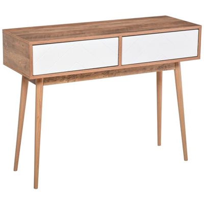 Tavolo Consolle Da Ingresso E Soggiorno Con 2 Cassetti Bianchi, Piano D'appoggio E Gambe In Legno, 100x35x75cm