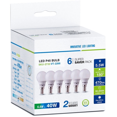 6 PZ Lampada A Led E14 P45 5,5W Bianco Neutro 4000K Forma Bulbo 180 Gradi 220V SKU-2734