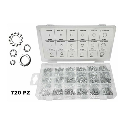 Set Di Rondelle Zincate Miste 720 Pz. Grover E Dentellate Interne Ed Esterne