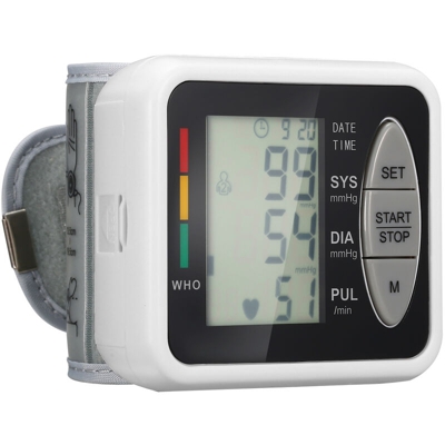 Lo sfigmomanometro da polso misura la pressione sanguigna e la frequenza cardiaca con 99 set di valori di memoria (spediti senza batteria)