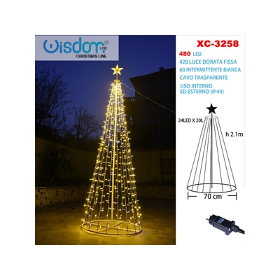 Albero di Natale a cono da 480 Led altezza 2 metri Dorato fisso e Freddo intermittente