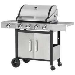 Barbecue Gas Con Coperchio E Bruciatore Laterale, Termometro, Mensola E 4 Ruote, 128x50x113cm Nero E Acciaio en oferta