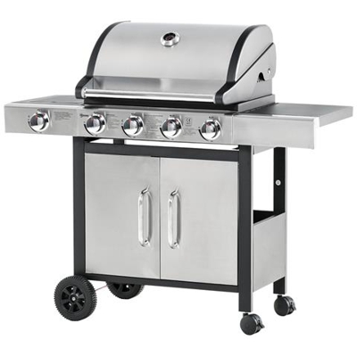 Barbecue Gas Con Coperchio E Bruciatore Laterale, Termometro, Mensola E 4 Ruote, 128x50x113cm Nero E Acciaio