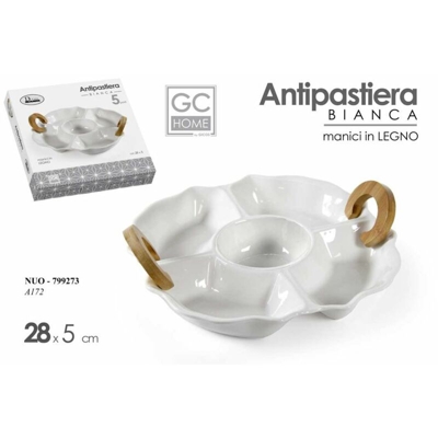 Antipastiera Ceramica 5 Scomp. Cm.28,5 Manici Legn