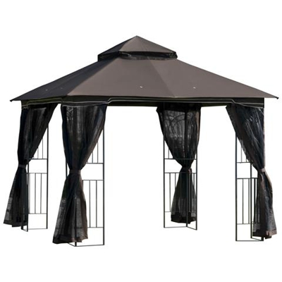Gazebo Da Giardino 3x3m Con Zanzariera E Tetto A 2 Livelli, Mensole Laterali E Ganci, Caffè