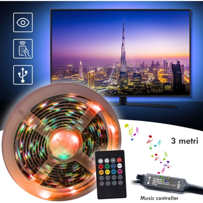 Universo - Striscia LED luce RGB controller musicale per retroilluminazione TV USB 3MT IP55