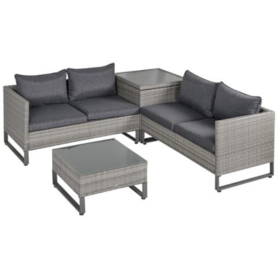 Set Mobili Da Giardino In Rattan Pe Con 2 Divani Angolari, Contenitore E Tavolino Con Cuscini Grigio