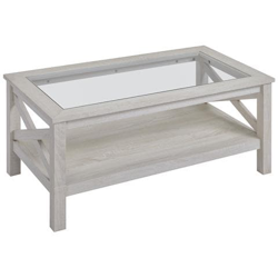 Tavolino Da Salotto Con Ripiano In Vetro Temperato E Mensola, Struttura In Mdf, 100x55x45cm, Quercia Bianca en oferta