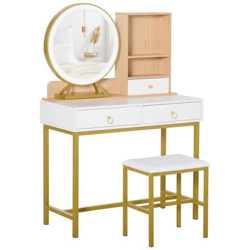 Tavolo Per Trucco Con Sgabello, Specchio Con Luci Led, Scaffale E Cassetti In Legno E Metallo, Bianco E Oro precio