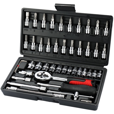 Set di chiavi, acciaio al cromo vanadio, scatola di plastica nera, 46 pezzi