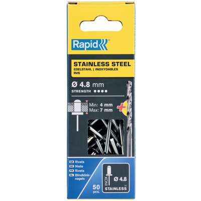 Rivetti Ø 4,8 x 10 mm Ino x 50 Pezzi + Punta Trapano