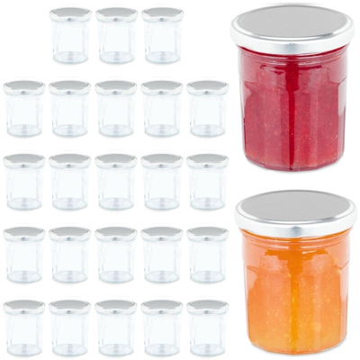 Set da 25 Barattoli per Conserve, Coperchio a Vite Ermetico, Confetture e Sughi, 250 ml, Argento
