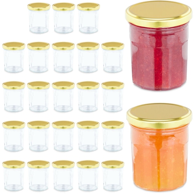 Set da 25 Barattoli per Conserve, Coperchio a Vite Ermetico, Confetture e Sughi, 250 ml, Oro