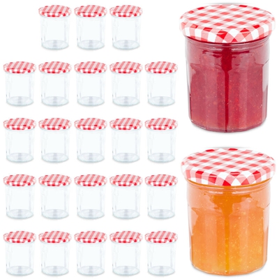 Set da 25 Barattoli per Conserve, Coperchio a Vite Ermetico, Confetture e Sughi, 250 ml, Rosso