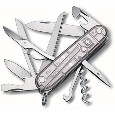 Coltello svizzero Victorinox Huntsman, con forbici e sega per legno, 15 funzioni, per il campeggio, colore argento trasparente