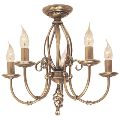 Lampadario A 5 Luci Con Finitura In Ottone Invecchiato, Attacco E14