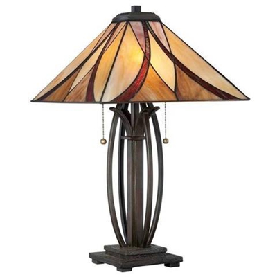 Lampada Da Tavolo A 2 Luci Bronzo, Vetro Tiffany, E27