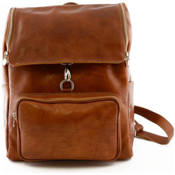 Zaino In Pelle Vera, Chisura Con Zip E Moschettone Colore Cognac - Pelletteria Toscana Made In Italy - Zaino en oferta