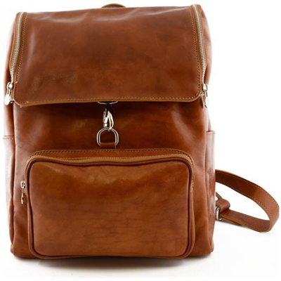 Zaino In Pelle Vera, Chisura Con Zip E Moschettone Colore Cognac - Pelletteria Toscana Made In Italy - Zaino