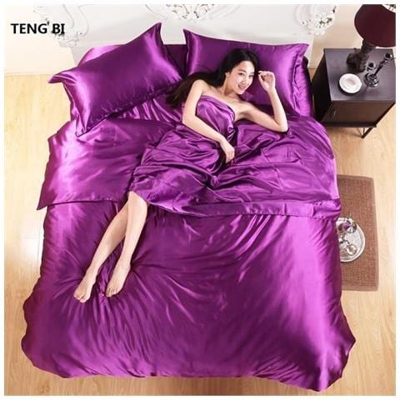 Set Biancheria Da Letto In Pura Seta Satinata Al 100%, Set Letto King Size In Tessuto Per La Casa, Biancheria Da Letto, Federe Per Copripiumino In Lamiera Piana - Bianco / Suite Familiare 5 Pezzi [ viola / Suite Familiare 5pz]