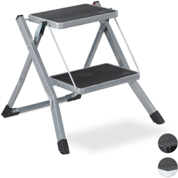 Scala Pieghevole, 2 Gradini, Salvaspazio, Antiscivolo, Ferro, HLP 45x50x50 cm, Grigio en oferta