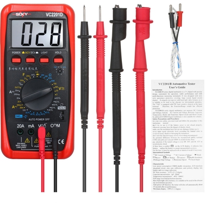 Multimetro digitale Tester per misuratori automobilistici con batteria Morsetti a coccodrillo Cavi di prova Voltmetro AC / DC Amperometro Ohmmetro