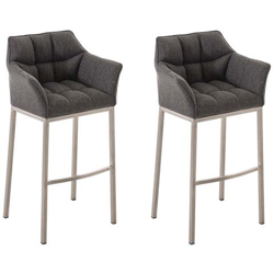 Set 2 Sgabelli Bar DAMASO - Sgabello Alto Design Trapuntato in Tessuto, con Braccioli e Schienale Imbottiti e Poggiapiedi l Sedia Sgabello Cucina Bar Pub 4 Gambe Grigio Titanio Acciaio Inox características