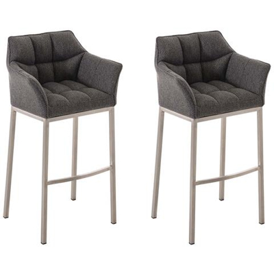Set 2 Sgabelli Bar DAMASO - Sgabello Alto Design Trapuntato in Tessuto, con Braccioli e Schienale Imbottiti e Poggiapiedi l Sedia Sgabello Cucina Bar Pub 4 Gambe Grigio Titanio Acciaio Inox