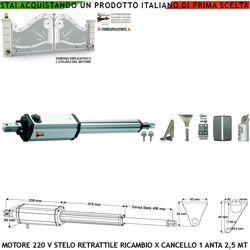 Securvera - MOTORE 220 V CANCELLO AUTOMATICO CORSA 400 MM STELO RETRATTILE SPINTA 250 KG RICAMBIO UNIVERSALE PER ANTA DA 1,20 A 2,5 METRI SBLOCCO A en oferta