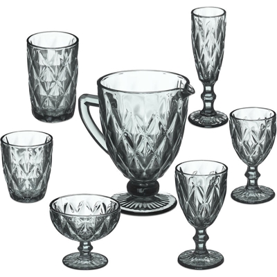 Set da 7 Bicchieri in Vetro, Look Vintage, Caraffa, 2 Calici Vino, Prosecco, Coppa Gelato, 2 per Acqua, Grigio