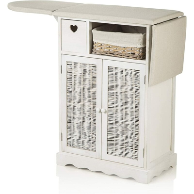 Mobile da Stiro Shabby Chic Bianco con ASSE e 1 Cesto in Vimini e 2 Ante 66X37X87 cm